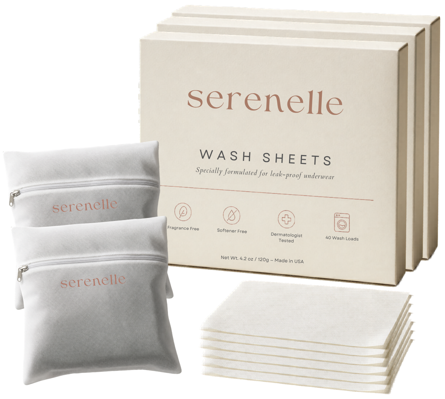 Serenelle Wash Sheets | 3 Packs + 2 FREE Wash Bags